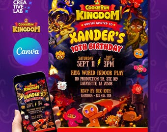 Invitación de cumpleaños inspirada en Cookie Run Kingdom, plantilla editable de Canva para fiestas infantiles (descarga digital)