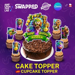 May include: A chocolate cake with a Happy Birthday topper and matching cupcake toppers. The cake and cupcakes are decorated with characters from the movie "Swapped". The image has the text "Cake Topper" and "Cupcake Topper".