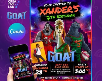 Personaliza tu invitación de cumpleaños con temática de la película GOAT (El Mejor de Todos los Tiempos) en Canva. Invitación para fiesta temática de campeones. Invitación para niño o niña.