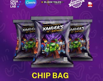 Plantilla para bolsa de patatas fritas Block Tales, editable en Canva. Recuerdos de fiesta de cumpleaños para gamers.