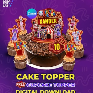Könnte beinhalten: Ein Schokoladenkuchen mit Schokoladenfrosting und -raspeln, garniert mit einem Zirkus-Themen-Kuchendekor und Cupcakes. Der Kuchendekor zeigt "THE AMAZING DIGITAL CIRCUS XANDER 10". Die Cupcakes haben sternförmige Dekorationen.