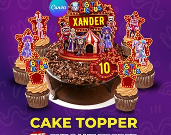 Increíble adorno digital editable para pastel de cumpleaños con temática de circo, adorno digital para pastel de fiesta infantil con temática de circo, plantilla de Canva, descarga instantánea.