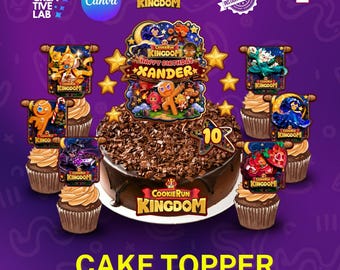 Paquete de adornos para pastel y cupcakes de Cookie Run Kingdom para fiestas de cumpleaños infantiles, adornos para pastel de gamers para niños, plantilla de Canva, descarga instantánea.