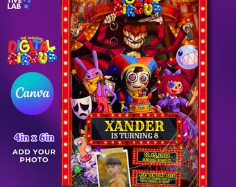 Increíble invitación digital de cumpleaños con temática de circo, editable, invitación digital para fiestas infantiles con temática de circo, plantilla de Canva con opción de añadir foto y descarga instantánea.