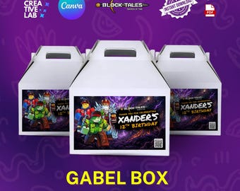 Plantilla de caja de Block Tales Gable, caja de cumpleaños de Blocktales Gable, recuerdo de fiesta de cumpleaños de juegos editable en Canva