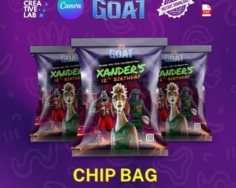 Plantilla personalizable para bolsas de patatas fritas de la película GOAT, recuerdo de fiesta de cumpleaños editable en Canva, fiesta del mejor de todos los tiempos, cumpleaños con temática de campeones, niño y niña.