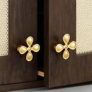 May include: Close-up of a dark brown cabinet with two doors. Each door has a gold-coloured, four-petal flower-shaped handle. The cabinet doors have a woven, light beige panel. The cabinet is partially open, revealing a glimpse of the interior.