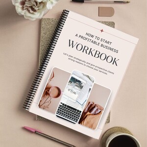 May include: A spiral-bound workbook titled "How to Start a Profitable Business." The cover is light pink with black text and a small image of a laptop. A pen, eraser, and a cup of coffee are also visible.