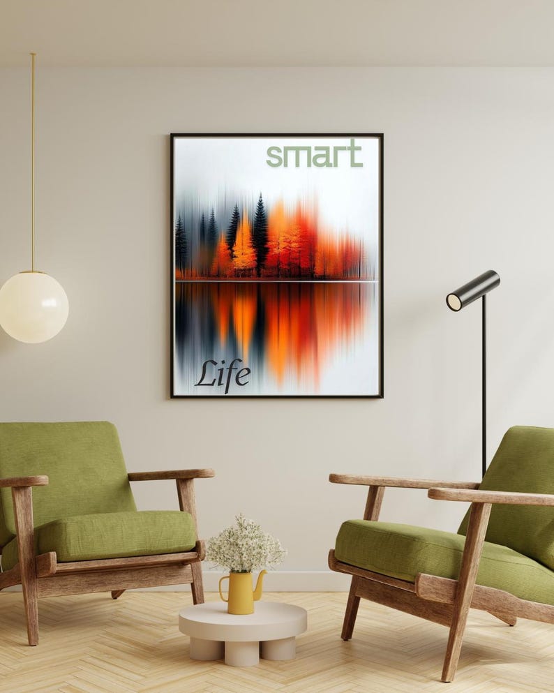 May include: An abstract landscape art print with orange and black trees reflected in water. The words "SMART" and "Life" are displayed on the print. Two green armchairs with wooden frames are in the foreground of the image.