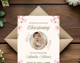 Floral Christening Invitation Card | Elegant Baby Naming (Digital Download)