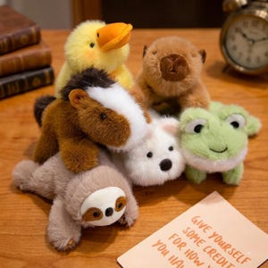 Può includere: Una collezione di peluche di animali, tra cui un'anatra gialla, un orso marrone, un cavallo, un orso bianco, una rana verde e un bradipo. I giocattoli sono disposti su una superficie di legno. È visibile una piccola carta con testo.