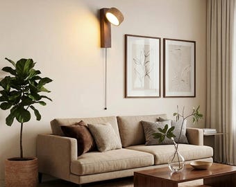 Lámpara de pared de travertino amarillo natural, luz LED giratoria con interruptor de cadena, aplique de madera de nogal, iluminación para la decoración del dormitorio.