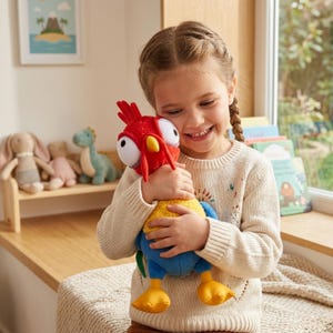 May include: A plush toy rooster with a red head, yellow chest, blue body, and yellow feet. The rooster has large white eyes and is being held by a child. Other stuffed animals are visible in the background.