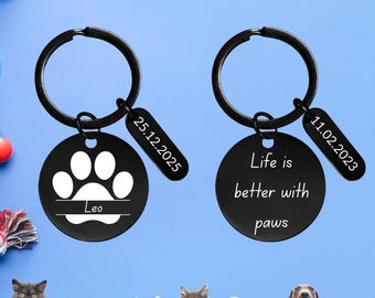 Personalized Pet Paw Keychain with Name & Date – Custom Dog Cat Paw Print Keychain, Pet Memorial Gift, Dog Lover Valentine Gift