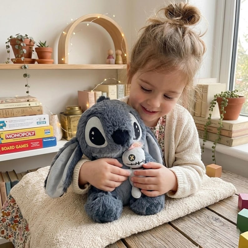 Puede incluir: Un peluche gris con grandes ojos negros y largas orejas es sostenido por una persona. El personaje sostiene una mu&ntilde;eca blanca m&aacute;s peque&ntilde;a. El peluche est&aacute; sobre un coj&iacute;n de punto color crema. El fondo incluye una estanter&iacute;a de madera con libros y juegos de mesa.