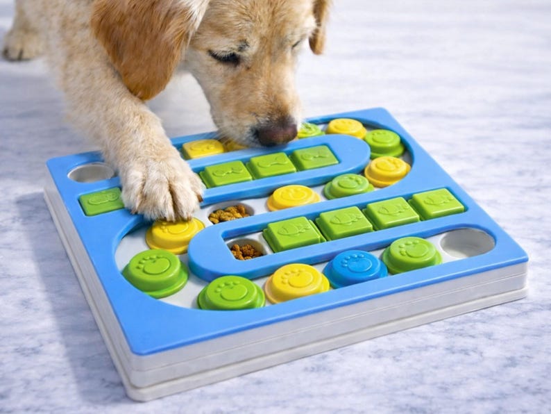 Pu&ograve; includere: Un giocattolo puzzle per cani blu chiaro e bianco con pezzi circolari e quadrati gialli, verdi e blu. Un cane marrone interagisce con il puzzle, zampa sul giocattolo. Il puzzle ha pi&ugrave; scomparti per le leccornie.