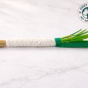 Puede incluir: Un juguete para mascotas que se asemeja a una cebolleta, con un cuerpo beige texturizado y un extremo en forma de cepillo. Las hojas verdes y una banda verde están en el extremo opuesto. El logotipo "Cozy Paws Pet Apparel" está en la esquina superior derecha.