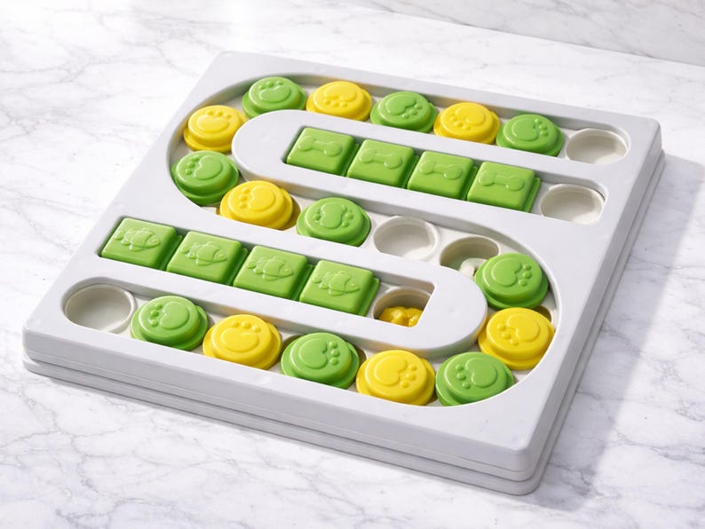 Pu&ograve; includere: Un puzzle per cani in plastica grigia con pezzi verdi e gialli. Il puzzle ha un design a labirinto con impronte di zampe e forme quadrate. I pezzi sono progettati per essere spostati per rivelare le prelibatezze.