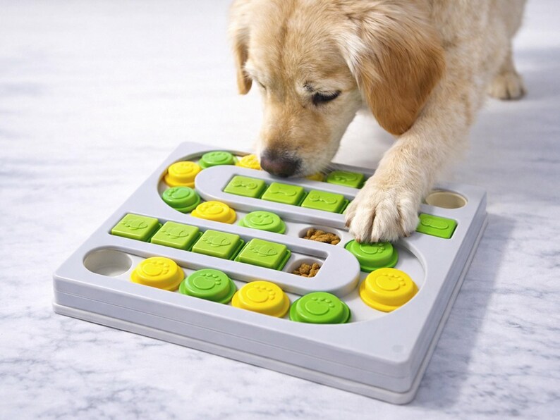 Pu&ograve; includere: Un cane interagisce con un giocattolo puzzle grigio. Il giocattolo ha pezzi scorrevoli verdi e gialli e scomparti circolari. La zampa del cane &egrave; sul giocattolo e il cane guarda il giocattolo.