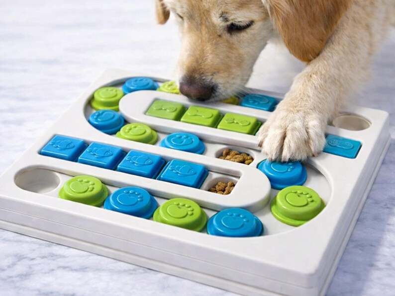 Pu&ograve; includere: Un giocattolo puzzle bianco per cani con pezzi scorrevoli blu e verdi. Il giocattolo ha vari scomparti contenenti cibo per cani. Un Labrador dorato interagisce con il puzzle, usando la zampa per spostare i pezzi.