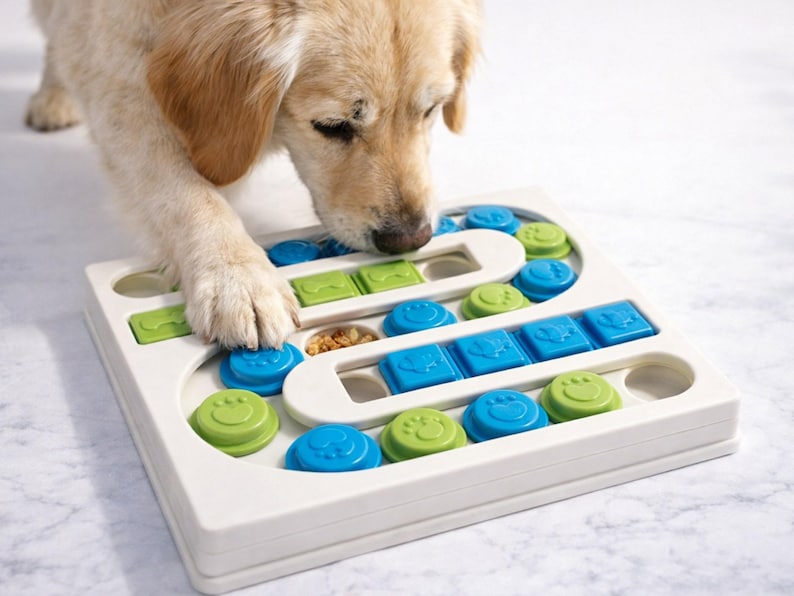 Pu&ograve; includere: Un giocattolo puzzle bianco per cani con pezzi scorrevoli blu e verdi. Il cane interagisce con il giocattolo, usando la zampa per spostare i pezzi. Il giocattolo ha vari scomparti per le leccornie, progettati per stimolare e intrattenere i cani.