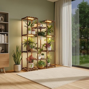 May include: A multi-tiered, dark brown wooden plant stand with built-in LED lights. The stand is filled with various potted plants, creating a display of greenery. The stand is placed on a light-colored rug in a well-lit room.