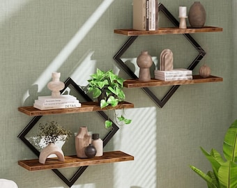 Industrial Diamond Wall Shelf - Wooden Floating Display Stand - Double Layer Geometric Hanging Decor