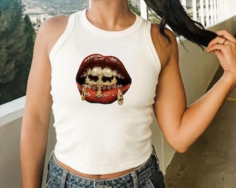 Retro Lip Coasters Rib-Racer Tank Top ,  Women's Tank Top,Summer Top, Cute Crop Tank, Gift for Her, Festival Wear