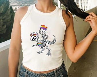 dinosaur LGBT STOP HOMOPHOBIA  Rib-Racer Tank Top ,  Women's Micro Rib Racer Tank Top