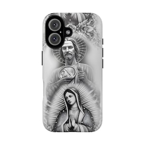 May include: A black and white phone case featuring religious imagery. The design includes a depiction of Jesus, a portrait within a portrait, and the Virgin Mary in prayer, surrounded by a radiant halo and floral accents.