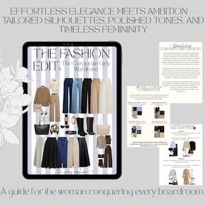 Puede incluir: Ilustración digital de una guía de vestuario corporativo. La imagen muestra una tableta que muestra ropa como blazers, pantalones, faldas y accesorios. El texto en la parte superior dice "Effortless Elegance Meets Ambition".