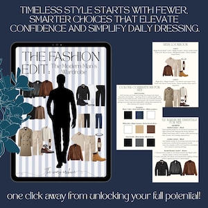 May include: A digital display featuring the text "THE FASHION EDIT: The Modern Man's Wardrobe" and a male silhouette. The display showcases clothing, colour combinations, and wardrobe essentials for men. The text "TIMELESS STYLE STARTS WITH FEWER, SMARTER CHOICES THAT ELEVATE CONFIDENCE AND SIMPLIFY DAILY DRESSING" is at the top.