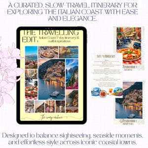 Könnte beinhalten: Ein digitales Tablet zeigt eine Reiseroute für die italienische Küste. Der Bildschirm zeigt eine Collage von Fotos, darunter Küstenstädte, Pizza und Boote. Auf dem Bildschirm steht "The Travelling Edit: Italian Coast 7 day itinerary & outfit inspirations."