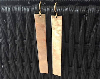 Gold Brass Bar Earrings, Minimalist Geometric Jewelery, Long Rectangle Earrings, Hand Cut Brass Earrings, Stick Earrings, Gift for Her