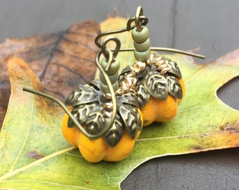 Halloween Orange Pumpkin Earrings, Fall Harvest Jewelry, Thanksgiving Earrings, Autumn Jewelry, Jack O Lantern Earrings