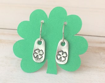 Silver Shamrock Earrings, Pewter Four Leaf Clover, Irish Jewelry