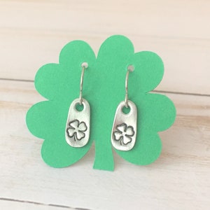 Silver Shamrock Earrings, St Patrick&#39;s Day Earrings, Lucky Four Leaf Clover Earrings, Irish Jewelry