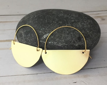 Gold Brass Half Moon Hoop Earrings, Minimalist Half Circle Geometric Discs (1.5 Inch) Semicircle