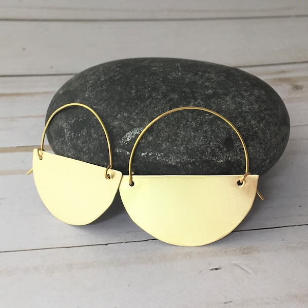 Gold Half Moon Hoop Earrings, Brass Half Circle Earrings, Geometric Earrings, Minimalist Earrings, Semicircle Earrings, Disc Hoops, 1.5 Inch