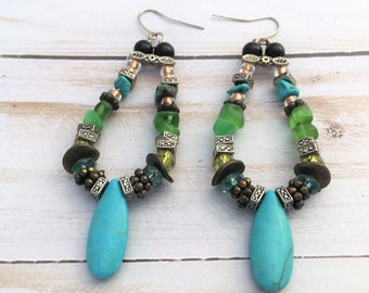 Turquoise Bead Statement Earrings, Beaded Teardrop Earrings, Blue and Green Earrings, Long Earrings, Multi-colored Beaded Earrings, Raindrop