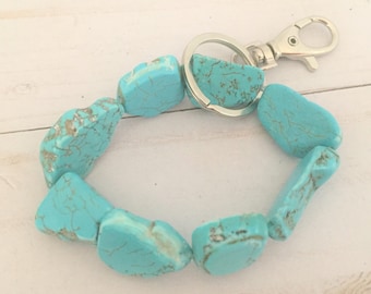 Turquoise Gemstone Key Chain Bracelet, Stainless Steel Key Ring Wristlet, Bracelet for Keys, Bangle Keychain Bracelet, Key Organizer