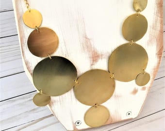 Gold Geometric Statement Necklace, Brass Bib Necklace, Circle Statement Necklace