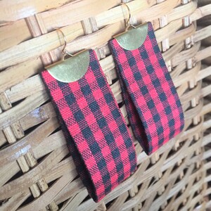 Red Buffalo Plaid Ribbon Earrings, Red and Black Checkered Earrings, Winter Holiday Earrings, Fall Jewelry, Gingham Ribbon Earrings