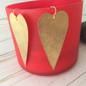 Gold Hammered Heart Earrings, Gold Statement Earrings, Brass Heart Earrings, Valentines Day Jewelry, Long Heart Earrings, Silver Aluminum