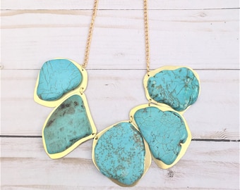 Turquoise Statement Necklace, Chunky Turquoise Necklace, Turquoise and Gold Necklace, Brass Necklace, Western Necklace, Tribal Necklace