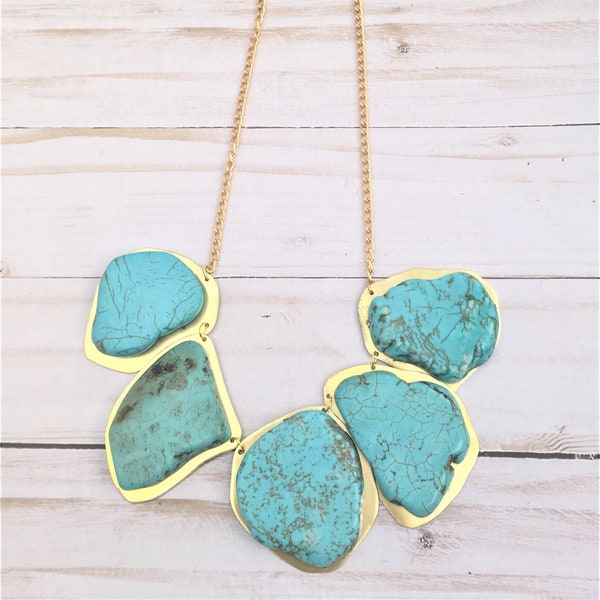 Turquoise Statement Necklace, Chunky Turquoise Necklace, Turquoise and Gold Necklace, Brass Necklace, Western Necklace, Tribal Necklace
