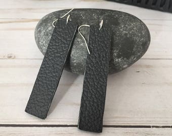 Black Leather Bar Earrings, Long Black Dangle Earrings, Rectangle Leather Drop Earrings, Rustic Earrings, Geometric Earrings