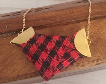 Red and Black Buffalo Plaid Pendant Necklace, Red and Black Checkered Fabric Necklace, Flannel Jewelry, Fabric Jewelry, Holiday Necklace