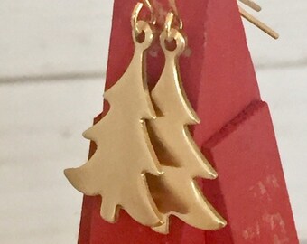Gold Christmas Tree Earrings, Brass Jewelry, Holiday Jewelry, Gold Pine Tree Earrings, Lightweight Earrings