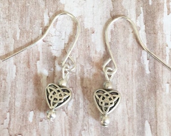 Silver Heart Earrings, Valentines day jewelry, Celtic Knot Earrings, Anniversary Gift, Small Heart Earrings, Heart Jewelry, Dainty Earrings